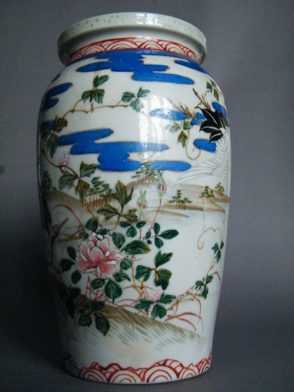 19th Century Arita Porcelain Cranes &amp; Peony Vase, Japan