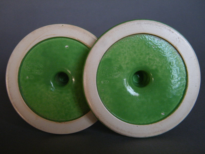 Rare Apple Green Ruskin Pottery Candlesticks dated 1908