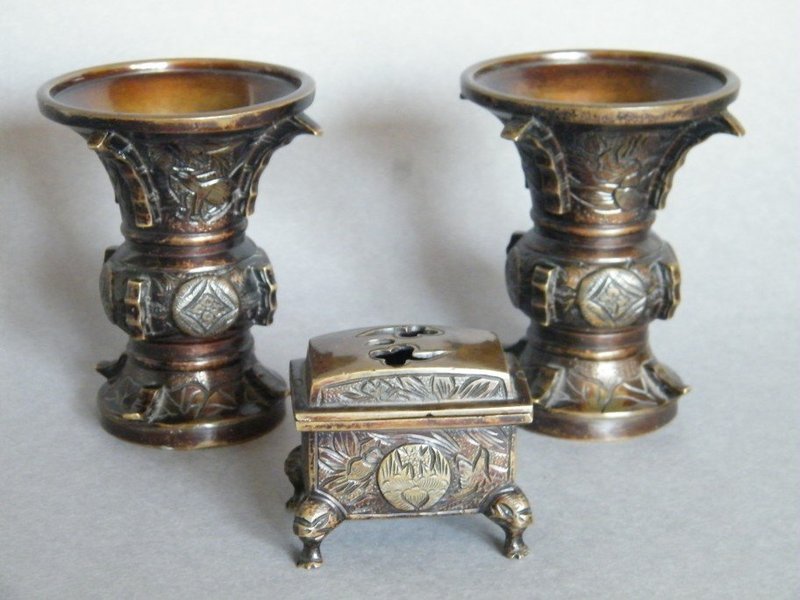 Small Japanese Bronze Altar Vases and Koro (1868-1911)