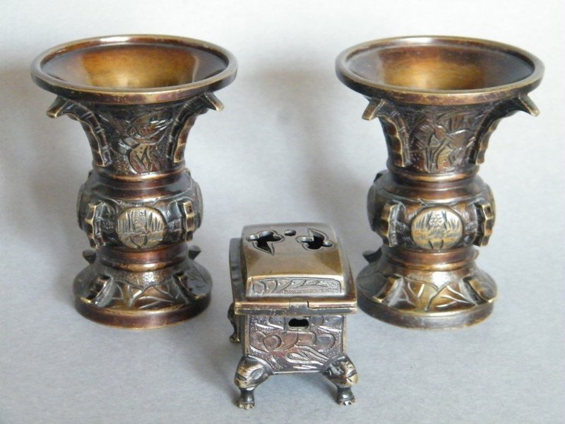 Small Japanese Bronze Altar Vases and Koro (1868-1911)