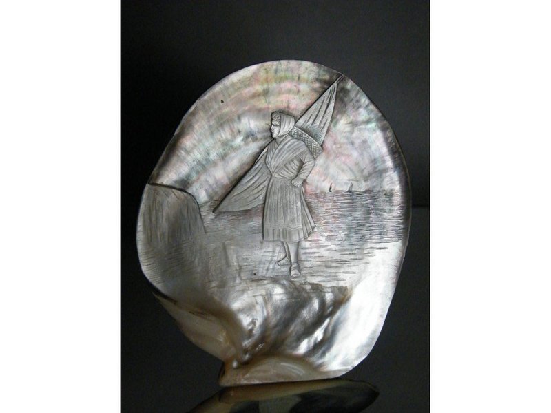 Victorian Carved Mother of Pearl Oyster Shell Fisherwoman c1875 - 1900