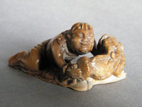 Fine & Rare 17th/18th C Chinese Soapstone Carving of Liu Hai &  Pixiu