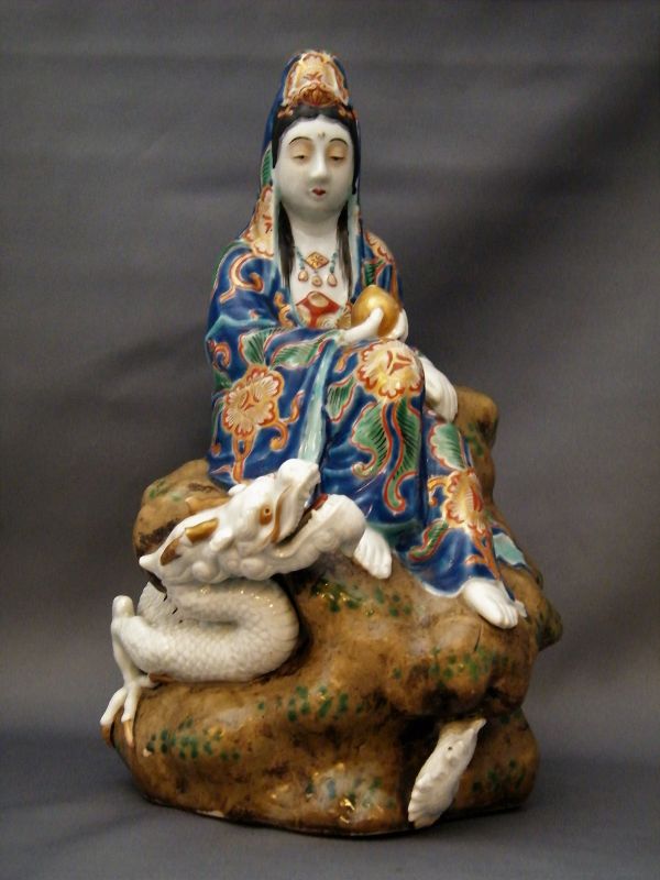 Rare Japanese Porcelain Figure Kannon with Dragon, Meiji (1868 - 1911)