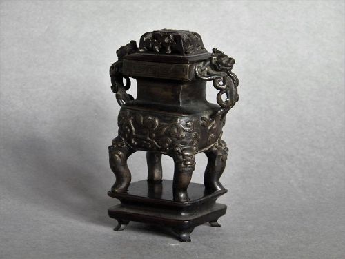 Small 17th Century Chinese Bronze Censer with Cover and Stand