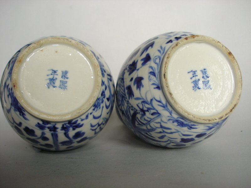 Pair 19th Cent Double Gourd Dragon Vases - Kangxi Marks
