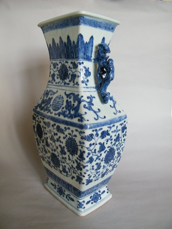 Large 18C Blue White Square Form Vase, Fanghu,Qianlong