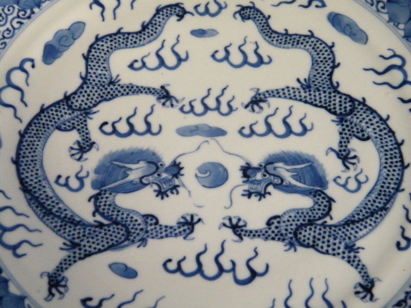 Late 19th Century Blue and White Dragon Dish  - Guangxu