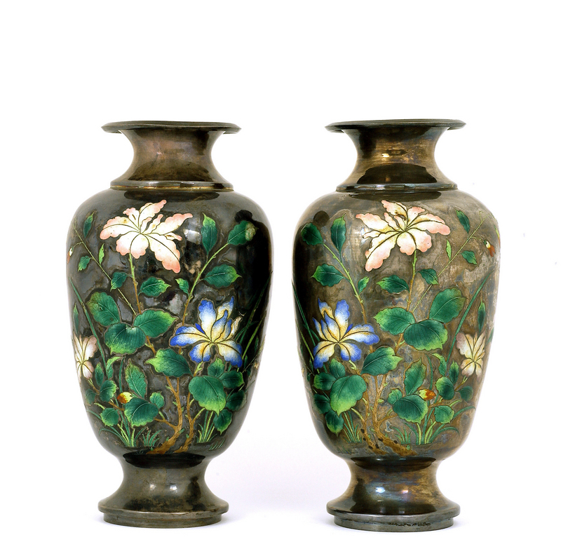 2 Early 20C Chinese Silver Enamel Vase Flower Mk Beijing