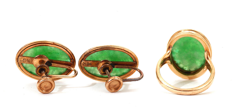 14K Gold Chinese GIA Jadeite Bracelet Earrings Ring Ming's