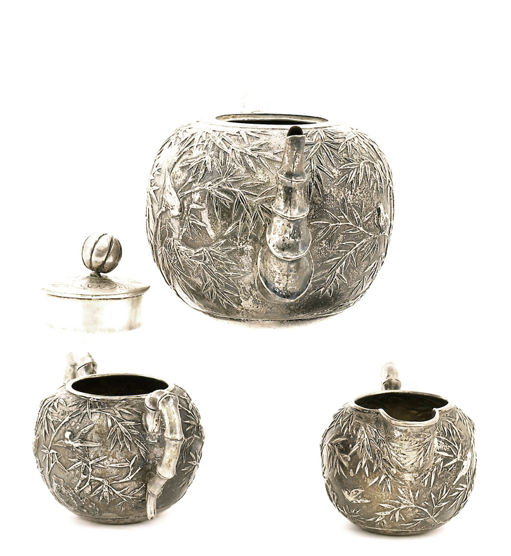 Late 19C Chinese Silver Bamboo Tea Set Mk w Box