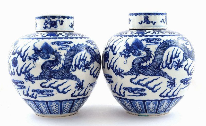 2 Late 19C Chinese Blue & White Dragon Cover Jar Mk