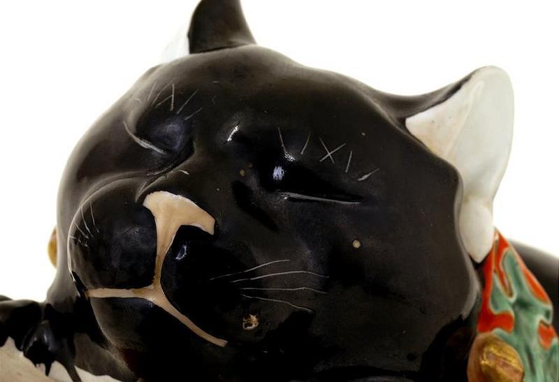 Large Old Japanese Black Kutani Sleeping Cat