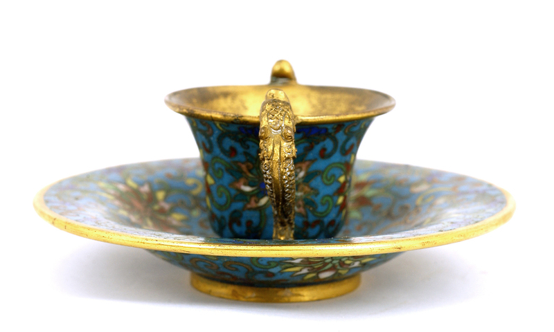 18C Chinese Gilded Cloisonne Cup &amp; Saucer Dragon