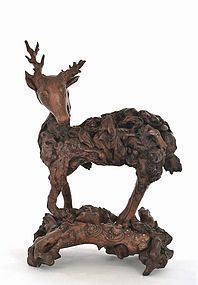 19C Chinese Hardwood Root Carved Stag Deer Stand