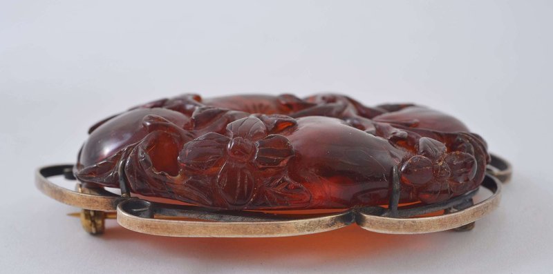18C/19C Chinese Amber Carving Flower Peach Silver Pin Marked