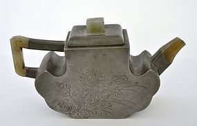 19C Chinese Jade Yixing Pewter Teapot &#30707;&#26995; Sg
