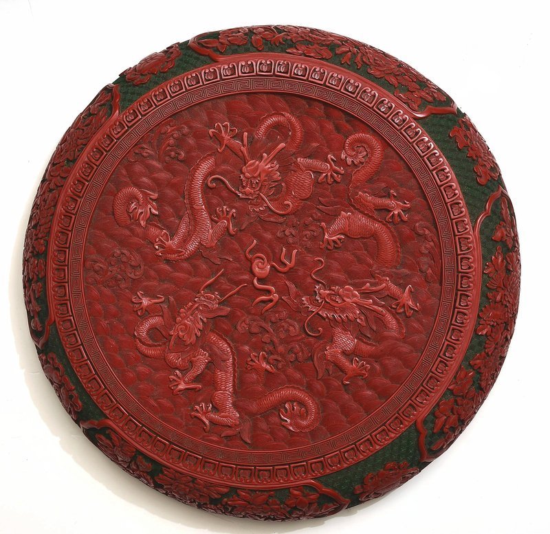Old Chinese Two Tone Red & Black Cinnabar Lacquer  Dragon Box