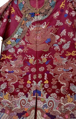 19C Chinese Silk Embroidery Purple Dragon Robe Brocade