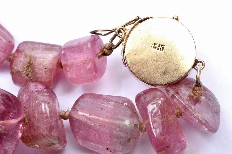 Chinese 14K Gold Pink Tourmaline Carved Carving 20mm Bead Necklace