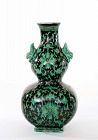 Old Chinese Green & Black glaze Dragon Ear Gourd Vase