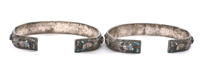 Pair of 19C Chinese Silver Enamel Bangle Bracelet Crab Shrimp Fish Mk