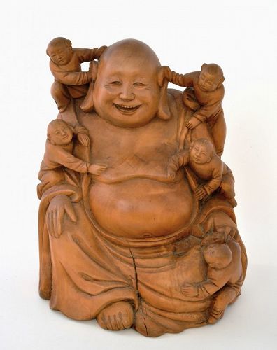 Old Chinese Boxwood Carved Happy Buddha Bodi Figure Figurine