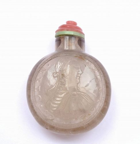 18C Chinese Rock Crystal Carved Carving Spanish Coin Snuff Bottle