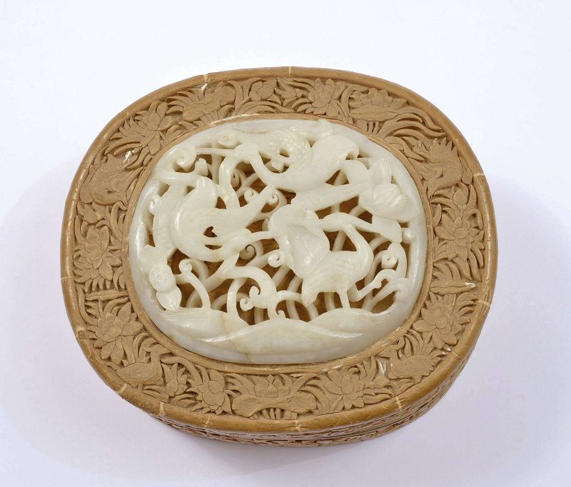 17C Ming Chinese White Jade Carved Plaque Crane & Lotus Cinnabar Box