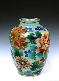 Japanese Cloisonne Plique a Jour Vase w Flowers