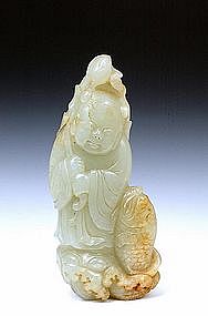 19C Chinese White Jade Nephrite Boy & Fish Figurine