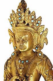 19C Chinese Tibetan Gilt Bronze Turquoise Bead Buddha