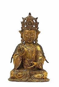 Lg 16C Chinese Ming Gilded Bronze Buddha Quan Yin