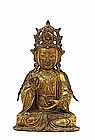 Lg 16C Chinese Ming Gilded Bronze Buddha Quan Yin