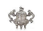 Old Chinese Export Silver Repousse Censer w Dragon Dog