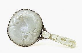 18C Chinese White Jade Nephrite Silver Hand Mirror