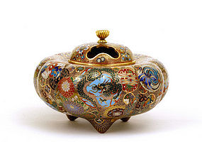 Old Japanese Cloisonne Dragon Censer Butterfly