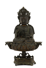 16C Chinese Gilt Lacquer Bronze Quan Yin Buddha