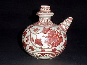 A Rare Yuan Dynasty Junchi Wine Pot with Underglaze Floral Motifs