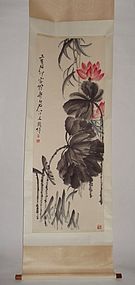 Red Lotus-Flowers with Ink-Painted Leaves by Qi Baishi (1864-1957)