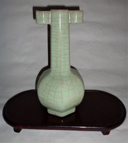 A Rare Song Dynasty Guanyao Powder-Green Glazed Hexagonal Vase