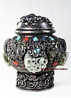 Magnificent Chinese Repousse Silver Jade Dragons Vessel