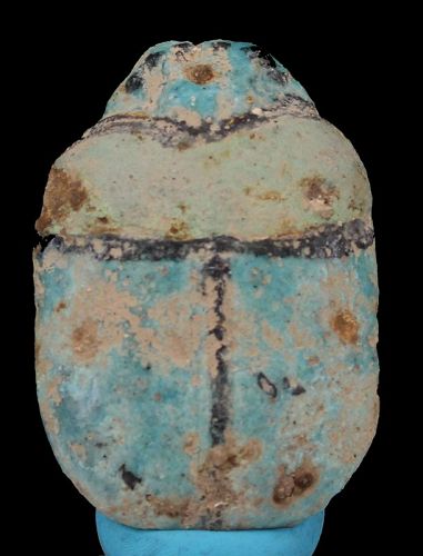 Ancient egyptian Faience blue - green faience scarab. - 6×4.1 cm