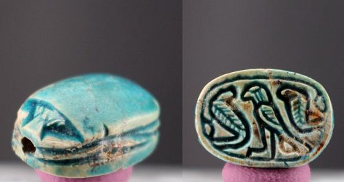 Ancient egyptian motto scarab with torquise blue glaze 13mm