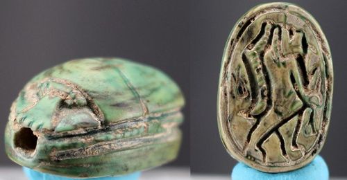 Green glazed scarab with presentation of hippopotamus goddess Tuwaret