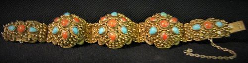 Chinese Silver Coral & Turquoise Bracelet