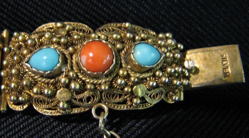 Chinese Silver Coral &amp; Turquoise Bracelet
