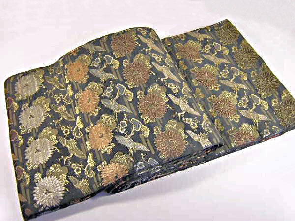 Antique Black Japanese Obi, Cranes and Chrysanthemums