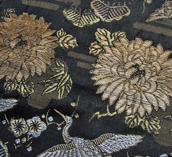 Antique Black Japanese Obi, Cranes and Chrysanthemums