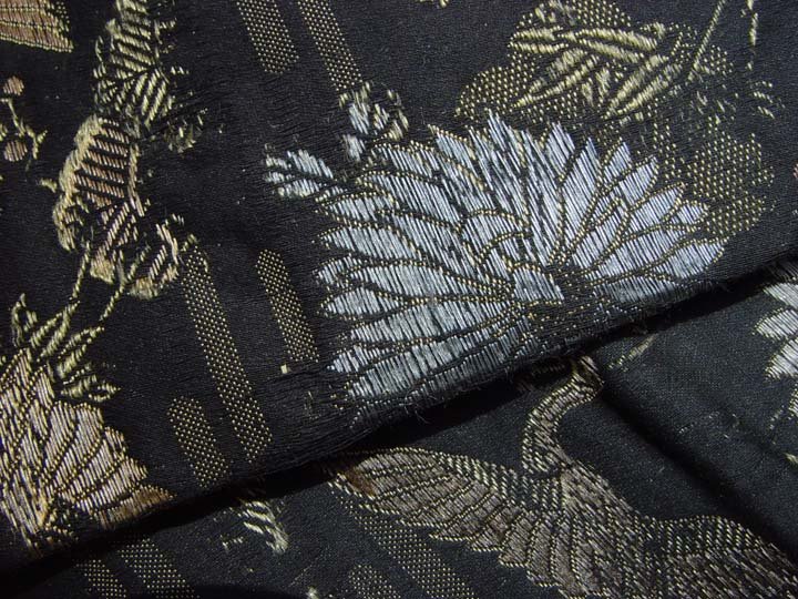 Antique Black Japanese Obi, Cranes and Chrysanthemums