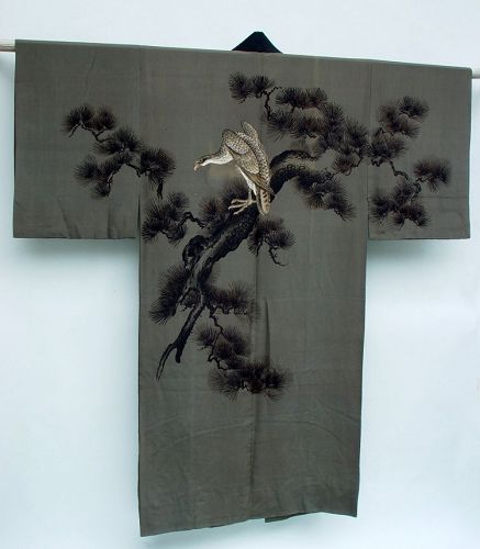 Hawk on Pine Tree on Men's Antique Kimono, Wall Decor